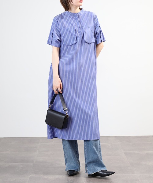 EGLANTINE（エグランティーヌ）の「EGLANTINE ノーカラーワンピース 半袖（ワンピース・レディース・ブルー系/ブラック系/ブラック・40）」の19枚目の写真