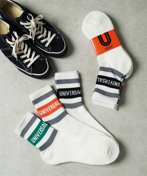 UNIVERSAL OVERALL(ユニバーサルオーバーオール)の「"07"≪UNIVERSAL OVERALL≫3足セット ライン & ロゴ ロークルーソックス(ソックス/靴下・メンズ・ブラック系/ホワイト系・25cm~27cm/23cm~25cm)」の1枚目の写真