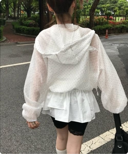 I.O.E(アイオイ)の「ドットデザイン シアーフーディージャケット(マウンテンパーカー・レディース・ホワイト/ブルー・FREE)」の5枚目の写真