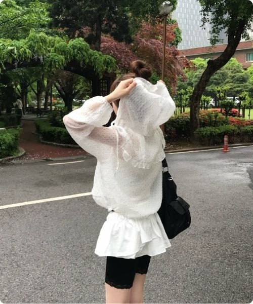 I.O.E(アイオイ)の「ドットデザイン シアーフーディージャケット(マウンテンパーカー・レディース・ホワイト/ブルー・FREE)」の7枚目の写真