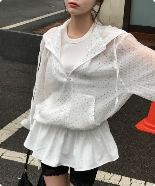 I.O.E(アイオイ)の「ドットデザイン シアーフーディージャケット(マウンテンパーカー・レディース・ホワイト/ブルー・FREE)」の9枚目の写真