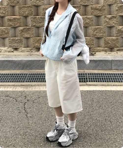 I.O.E(アイオイ)の「ドットデザイン シアーフーディージャケット(マウンテンパーカー・レディース・ホワイト/ブルー・FREE)」の15枚目の写真