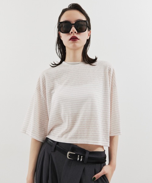 HANNE（アン）の「ハーフスリーブボーダーTEE（Tシャツ/カットソー・レディース・ブラック/ピンク・FREE）」の2枚目の写真