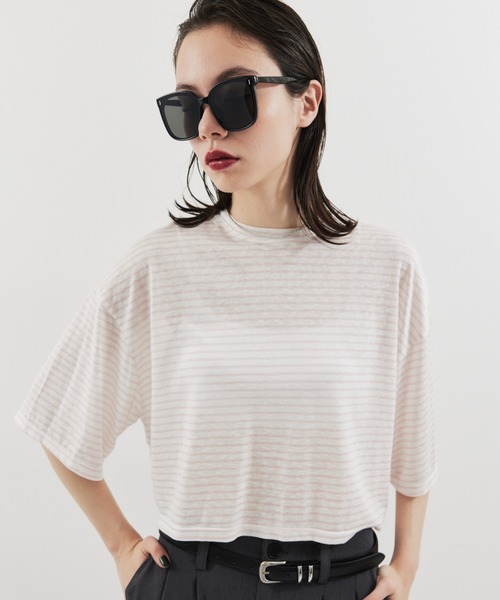 HANNE（アン）の「ハーフスリーブボーダーTEE（Tシャツ/カットソー・レディース・ブラック/ピンク・FREE）」の3枚目の写真
