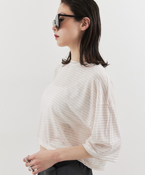 HANNE（アン）の「ハーフスリーブボーダーTEE（Tシャツ/カットソー・レディース・ブラック/ピンク・FREE）」の4枚目の写真