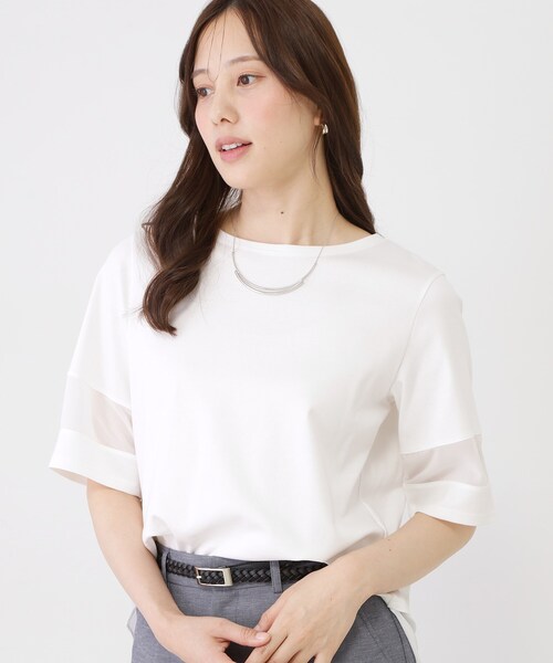 COUP DE CHANCE(クードシャンス)の「【手洗い可/日本製】異素材ドッキングのプルオーバー(Tシャツ/カットソー・レディース・ホワイト/ブルー系その他/ピンク系その他/ブラック・36/34/40/38)」の1枚目の写真
