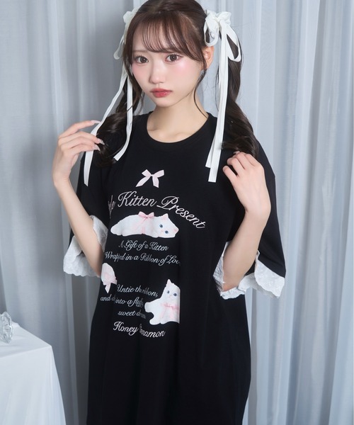 Honey Cinnamon(ハニーシナモン)の「ribbon kitten Tシャツ(Tシャツ/カットソー・レディース・ブラック/ピンク・FREE)」の16枚目の写真