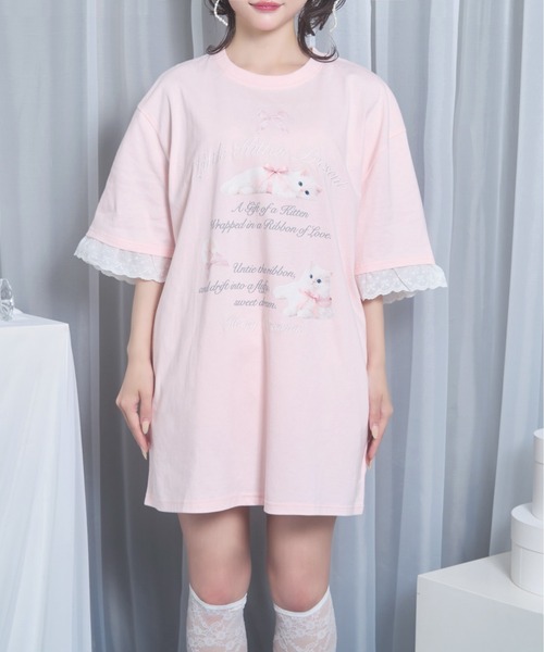 Honey Cinnamon(ハニーシナモン)の「ribbon kitten Tシャツ(Tシャツ/カットソー・レディース・ブラック/ピンク・FREE)」の5枚目の写真