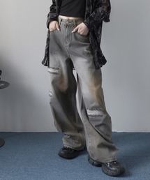ダメージ加工ワイドデニムパンツ