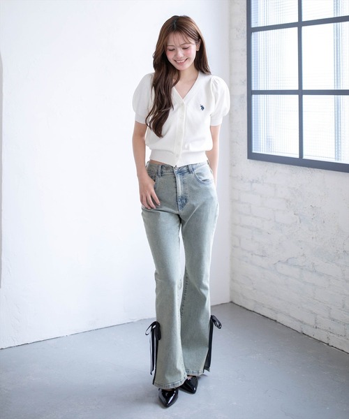 U.S. POLO ASSN.(ユーエスポロアッスン)の「【U.S. POLO ASSN.】clear 別注 パフスリーブ半袖コンパクトニットカーディガン(ニット/セーター・レディース・イエロー系その他/アイボリー/ネイビー・F)」の9枚目の写真