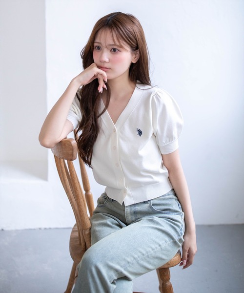 U.S. POLO ASSN.(ユーエスポロアッスン)の「【U.S. POLO ASSN.】clear 別注 パフスリーブ半袖コンパクトニットカーディガン(ニット/セーター・レディース・イエロー系その他/アイボリー/ネイビー・F)」の11枚目の写真