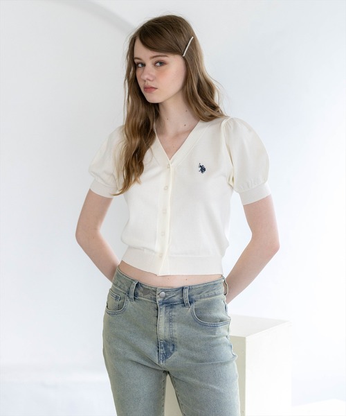 U.S. POLO ASSN.(ユーエスポロアッスン)の「【U.S. POLO ASSN.】clear 別注 パフスリーブ半袖コンパクトニットカーディガン(ニット/セーター・レディース・イエロー系その他/アイボリー/ネイビー・F)」の4枚目の写真