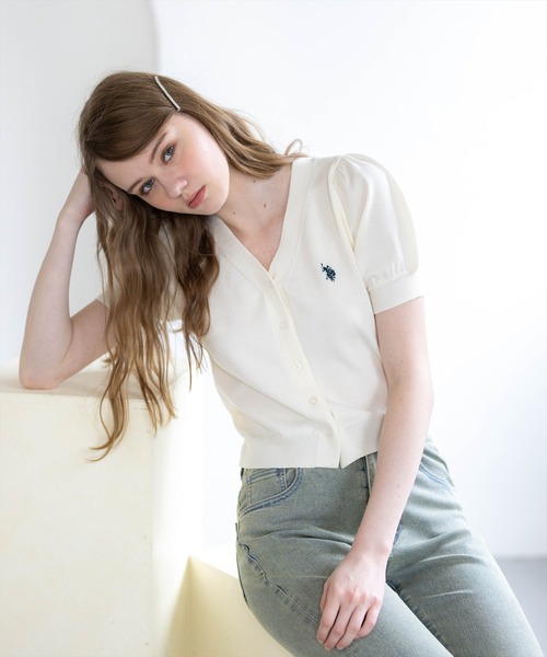 U.S. POLO ASSN.(ユーエスポロアッスン)の「【U.S. POLO ASSN.】clear 別注 パフスリーブ半袖コンパクトニットカーディガン(ニット/セーター・レディース・イエロー系その他/アイボリー/ネイビー・F)」の6枚目の写真