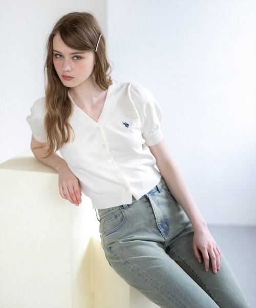 U.S. POLO ASSN.(ユーエスポロアッスン)の「【U.S. POLO ASSN.】clear 別注 パフスリーブ半袖コンパクトニットカーディガン(ニット/セーター・レディース・イエロー系その他/アイボリー/ネイビー・F)」の7枚目の写真
