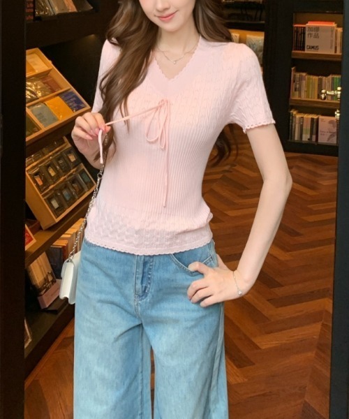LUCPY(ラクピー)の「フロントリボンリブニットトップス(Tシャツ/カットソー・レディース・ピンク/ホワイト/ブルー・FREE)」の5枚目の写真