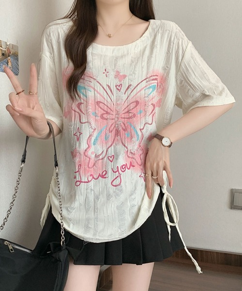 2ly2(トゥーリートゥー)の「バタフライプリント ダメージデザイントップス(Tシャツ/カットソー・レディース・ベージュ/グレー・FREE)」の13枚目の写真