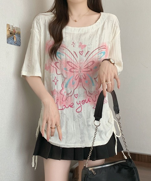 2ly2(トゥーリートゥー)の「バタフライプリント ダメージデザイントップス(Tシャツ/カットソー・レディース・ベージュ/グレー・FREE)」の14枚目の写真