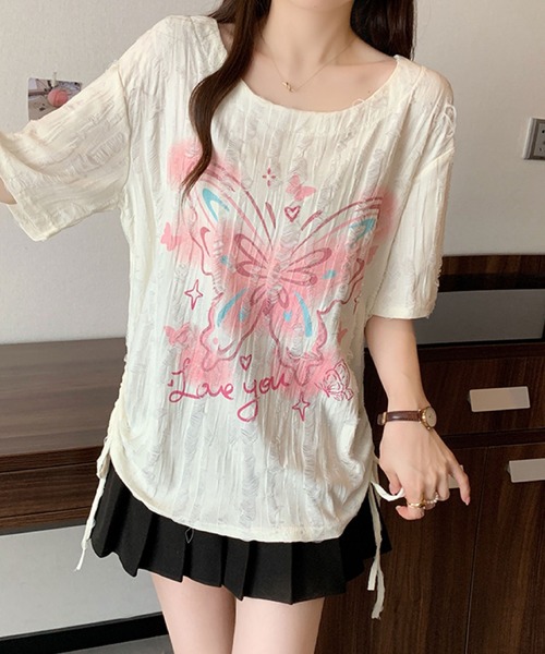 2ly2(トゥーリートゥー)の「バタフライプリント ダメージデザイントップス(Tシャツ/カットソー・レディース・ベージュ/グレー・FREE)」の15枚目の写真