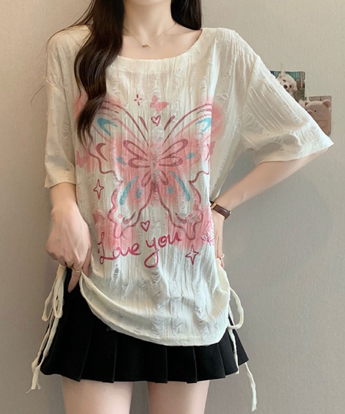 2ly2(トゥーリートゥー)の「バタフライプリント ダメージデザイントップス(Tシャツ/カットソー・レディース・ベージュ/グレー・FREE)」の19枚目の写真