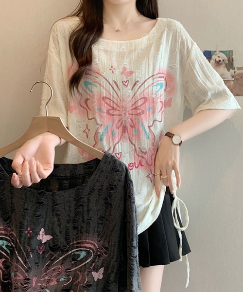 2ly2(トゥーリートゥー)の「バタフライプリント ダメージデザイントップス(Tシャツ/カットソー・レディース・ベージュ/グレー・FREE)」の21枚目の写真