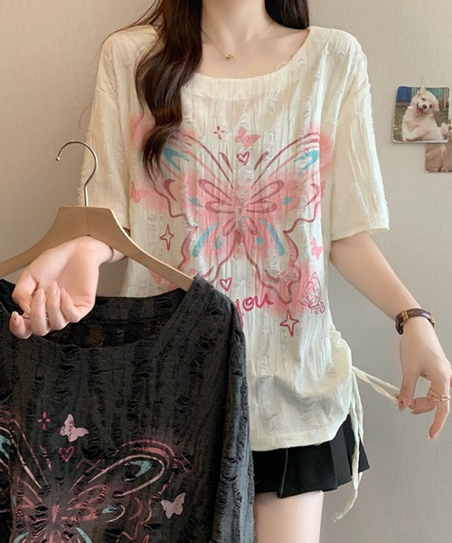 2ly2(トゥーリートゥー)の「バタフライプリント ダメージデザイントップス(Tシャツ/カットソー・レディース・ベージュ/グレー・FREE)」の22枚目の写真