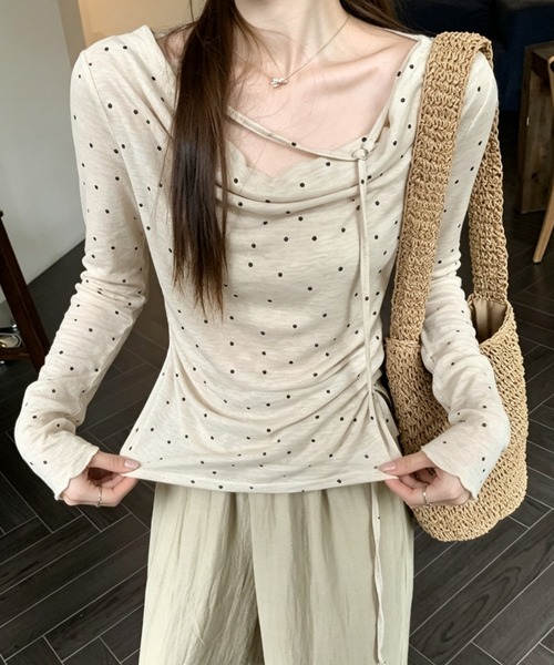 GEMEDA(ジェメダ)の「ドット柄 オフショル風 長袖トップス(Tシャツ/カットソー・レディース・ベージュ/グレー・M)」の14枚目の写真