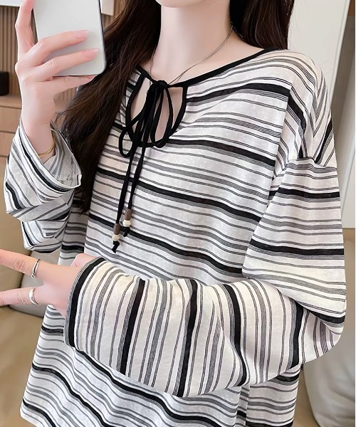 ampm(エーエムピーエム)の「バックリボンボーダーロングTシャツ(Tシャツ/カットソー・レディース・ブラック・S/M)」の12枚目の写真