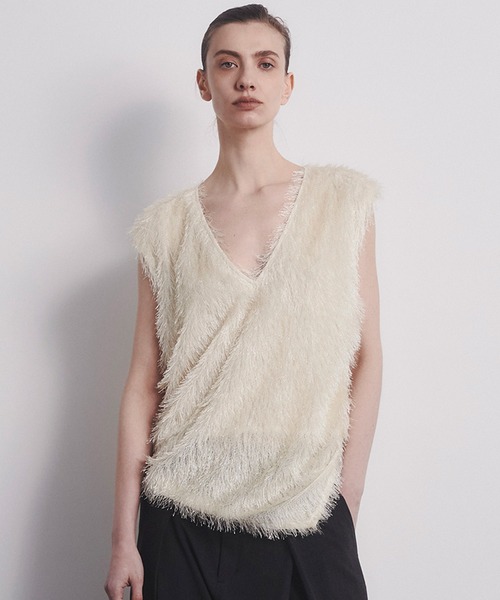 CITY TOKYO（シティトウキョウ）の「【CITY TOKYO/シティートウキョウ】Sleeveless 2way Fringe Top/スリーブレス2WAYフリンジトップス（ベスト・レディース・ブラック/キナリ・FREE）」の12枚目の写真