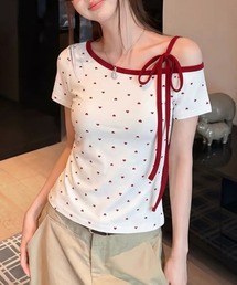 レディース　ハートプリント　オフショルダーＴシャツ