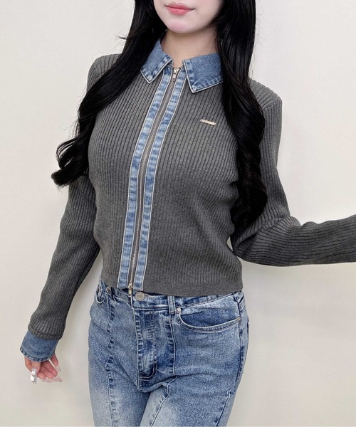 INGNI(イング)の「デニムドッキングダブルジップリブニットカーディガン(カーディガン/ボレロ・レディース・ブラック×ブラック/ネイビー系8/グレー系5/グレー系4・M)」の6枚目の写真