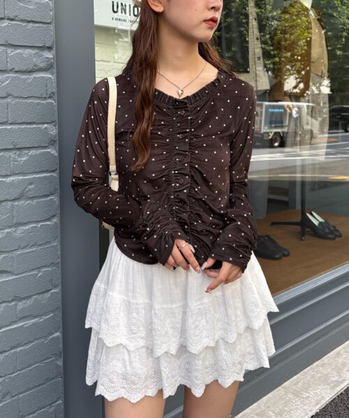 w closet(ダブルクローゼット)の「【入荷後、即完!/着映え/初秋最適】ベロアドットカーディガン(Tシャツ/カットソー・レディース・ブルー/アイボリー/ブラウン/ブラック・FREE)」の4枚目の写真