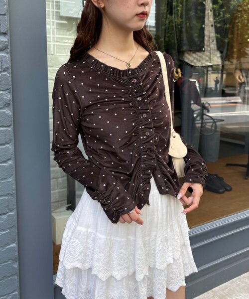 w closet(ダブルクローゼット)の「【入荷後、即完!/着映え/初秋最適】ベロアドットカーディガン(Tシャツ/カットソー・レディース・ブルー/アイボリー/ブラウン/ブラック・FREE)」の9枚目の写真