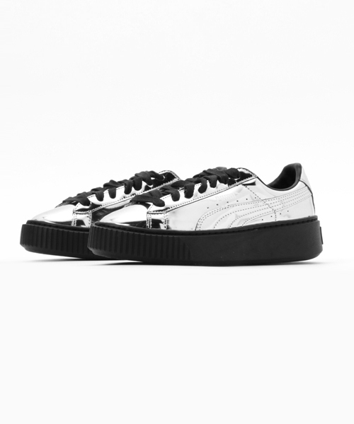 puma metallic basket platform trainers in silver
