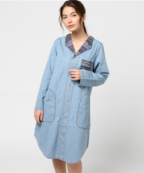 CUBE SUGAR（キューブシュガー）の「5.5ozデニム×刺繍トライアングルカラーワンピース（シャツワンピース・レディース・ネイビー/ブルー系その他/ブルー系その他2・M）」の3枚目の写真