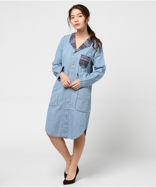 CUBE SUGAR（キューブシュガー）の「5.5ozデニム×刺繍トライアングルカラーワンピース（シャツワンピース・レディース・ネイビー/ブルー系その他/ブルー系その他2・M）」の7枚目の写真