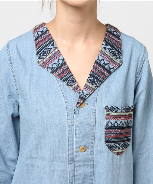 CUBE SUGAR（キューブシュガー）の「5.5ozデニム×刺繍トライアングルカラーワンピース（シャツワンピース・レディース・ネイビー/ブルー系その他/ブルー系その他2・M）」の8枚目の写真