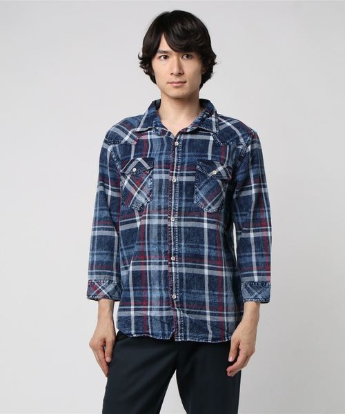 VENCEEXCHANGE(ヴァンスエクスチェンジ)の「インディゴチェック七分袖シャツ(シャツ/ブラウス・メンズ・レッド・M/L)」の4枚目の写真