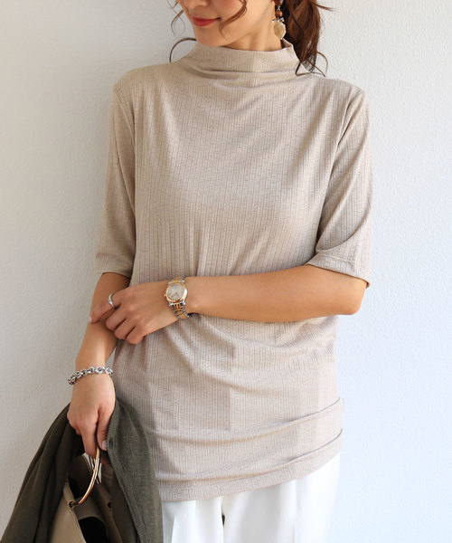 andme(アンドミー)の「リブストレッチ半袖ボトルネックTシャツ(Tシャツ/カットソー・レディース・ブラック/ネイビー/オフホワイト/カーキ/グレー系その他・M/L)」の3枚目の写真