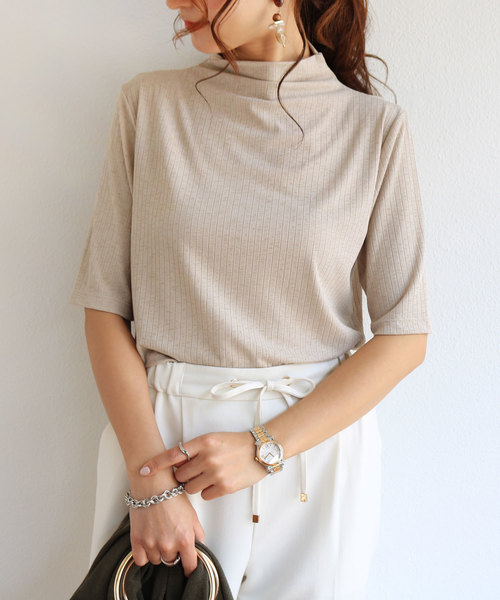 andme(アンドミー)の「リブストレッチ半袖ボトルネックTシャツ(Tシャツ/カットソー・レディース・ブラック/ネイビー/オフホワイト/カーキ/グレー系その他・M/L)」の6枚目の写真