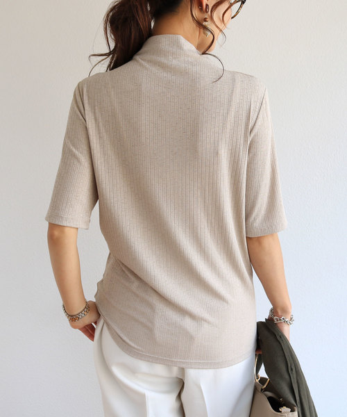 andme(アンドミー)の「リブストレッチ半袖ボトルネックTシャツ(Tシャツ/カットソー・レディース・ブラック/ネイビー/オフホワイト/カーキ/グレー系その他・M/L)」の10枚目の写真
