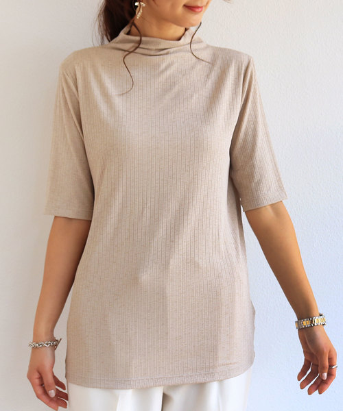 andme(アンドミー)の「リブストレッチ半袖ボトルネックTシャツ(Tシャツ/カットソー・レディース・ブラック/ネイビー/オフホワイト/カーキ/グレー系その他・M/L)」の13枚目の写真