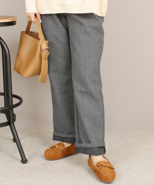 レディース ロールアップヘリンボーンワイドパンツ