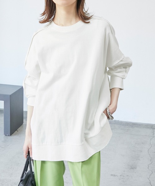 BONLECILL(ボンルシール)の「オーバーサイズ アウトシーム ラウンドヘムロンT(Tシャツ/カットソー・レディース・ベージュ/オフホワイト/カーキ/チャコール・FREE)」の2枚目の写真