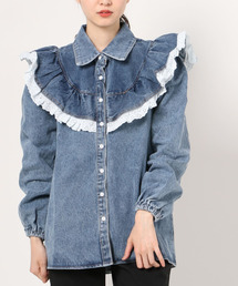 emi+（エミプラス）の「BIG襟フリルデニムジャケット（デニム
