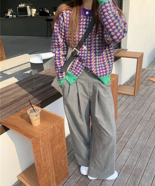 me+em select（ミームセレクト）の「PURPLE＆GREEN 千鳥格子ニットカーディガン（カーディガン/ボレロ・レディース・パープル・FREE）」の5枚目の写真