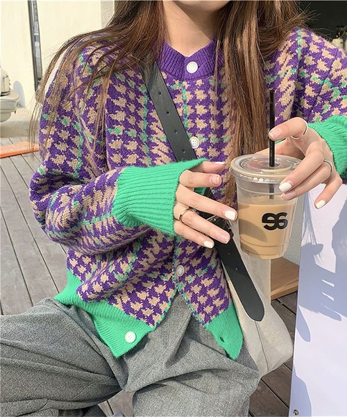me+em select（ミームセレクト）の「PURPLE＆GREEN 千鳥格子ニットカーディガン（カーディガン/ボレロ・レディース・パープル・FREE）」の6枚目の写真