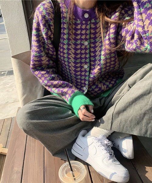 me+em select（ミームセレクト）の「PURPLE＆GREEN 千鳥格子ニットカーディガン（カーディガン/ボレロ・レディース・パープル・FREE）」の7枚目の写真