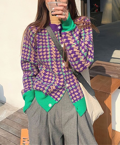 me+em select（ミームセレクト）の「PURPLE＆GREEN 千鳥格子ニットカーディガン（カーディガン/ボレロ・レディース・パープル・FREE）」の19枚目の写真