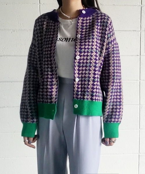 me+em select（ミームセレクト）の「PURPLE＆GREEN 千鳥格子ニットカーディガン（カーディガン/ボレロ・レディース・パープル・FREE）」の13枚目の写真