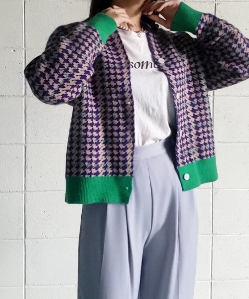me+em select（ミームセレクト）の「PURPLE＆GREEN 千鳥格子ニットカーディガン（カーディガン/ボレロ・レディース・パープル・FREE）」の15枚目の写真